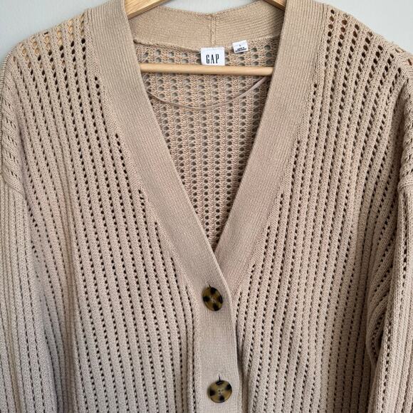 GAP Women's Open Knit Cardigan V-Neck Button Down Large Tan Beach Summer - Picture 3 of 10